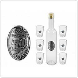 Fémcímkés pálinkás készlet 50. születésnapra - 6 db pohár és palack