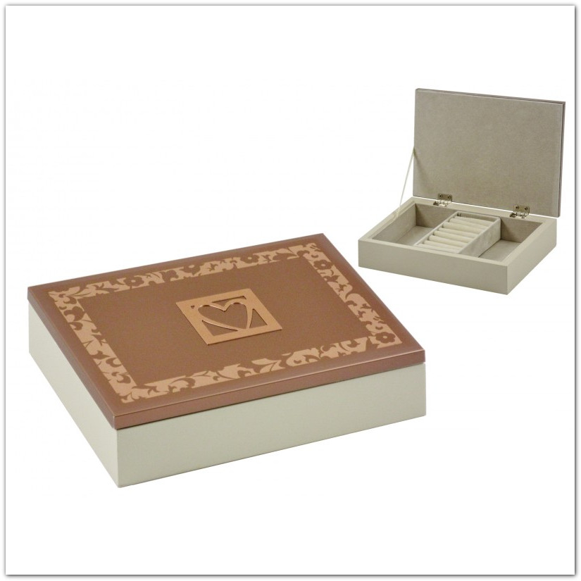 Elegáns fa ékszertartó doboz, gyűrűtartóval és fém díszítéssel, 19x14x4,5cm