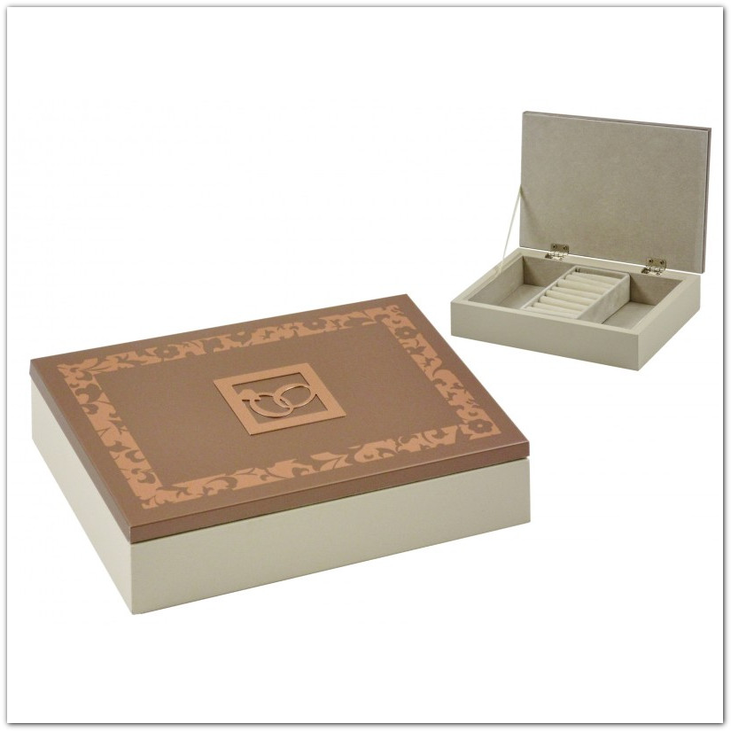Elegáns fa ékszertartó doboz, gyűrűtartóval és fém díszítéssel, 19x14x4,5cm