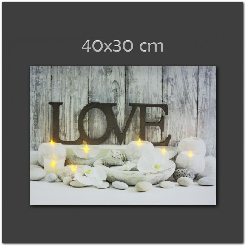 7 ledes világító falikép, 40x30cm, shabby chic, gyertyákkal, Love felirattal
