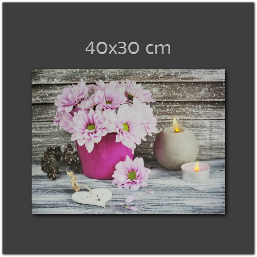 4 ledes világító falikép, gyertyával és virágcsokorral, 40x30cm
