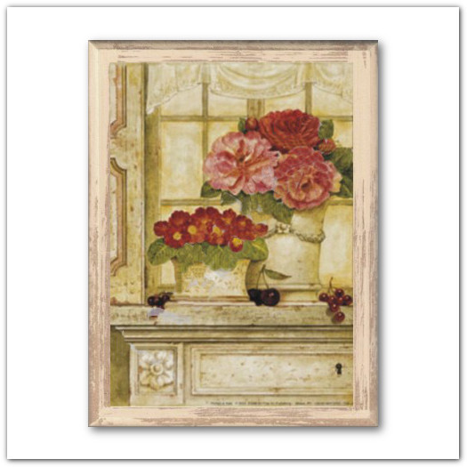 Francia stílusú 'virágcsokor cserépben' táblakép, vintage stílusban, 15x20cm