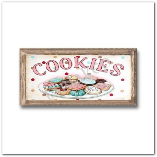 Cookies süteményes Shabby Chic stílusú fa táblakép antikolt kerettel