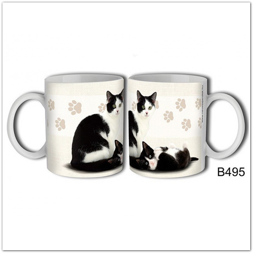 Cicás-macskás bögre - fekete-fehér foltos házimacska