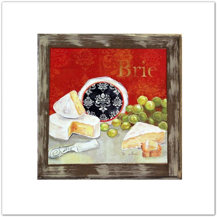 Francia stílusú sajtos táblakép, vintage falikép Brie-sajttal, 20x20cm
