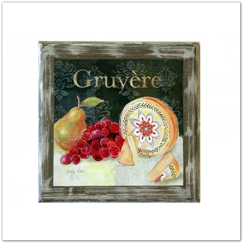 Francia stílusú sajtos táblakép, vintage falikép Gruyére-sajttal, 20x20cm