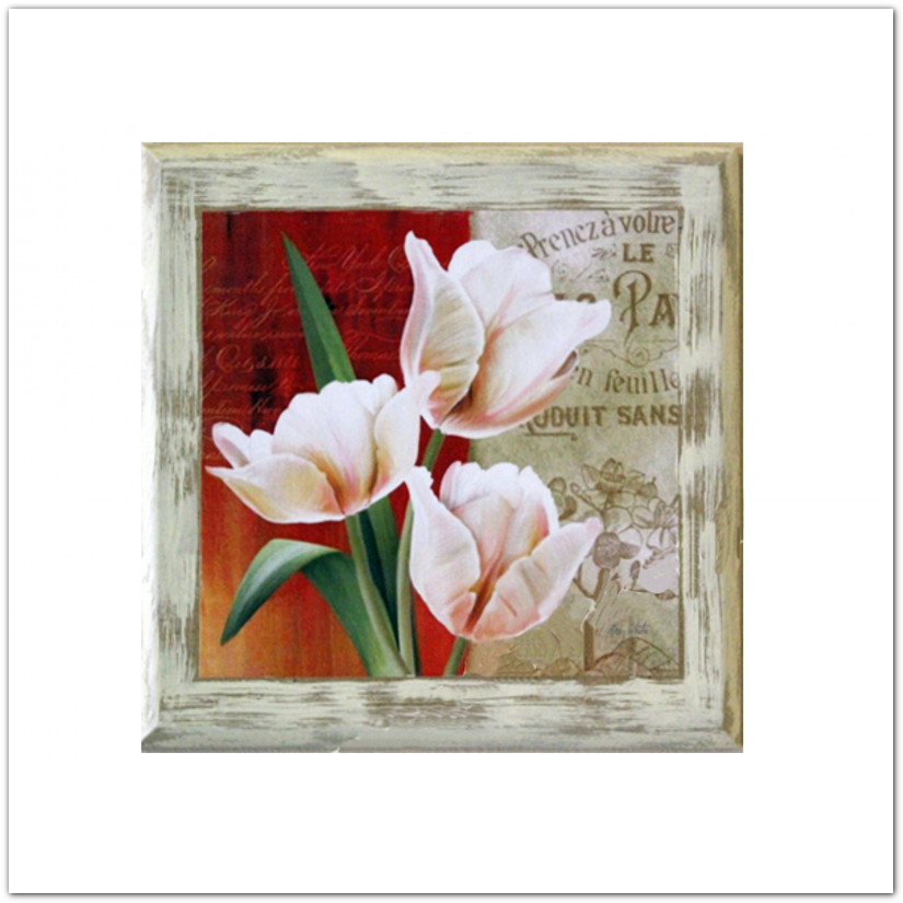 Tulipános vintage fa táblakép, falikép antikolt kerettel, 20x20cm