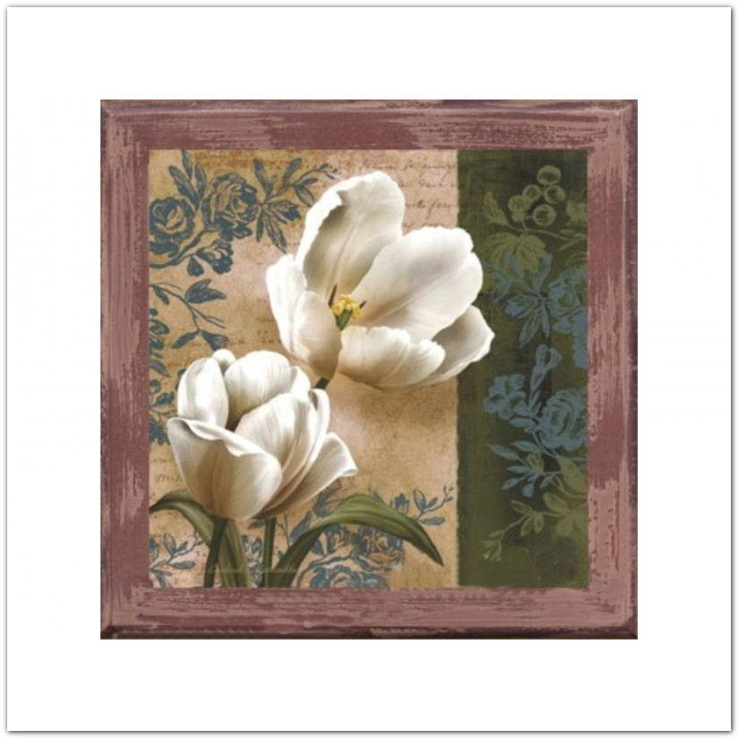 Tulipános-virágos vintázs stílusú fa táblakép, falikép antikolt kerettel