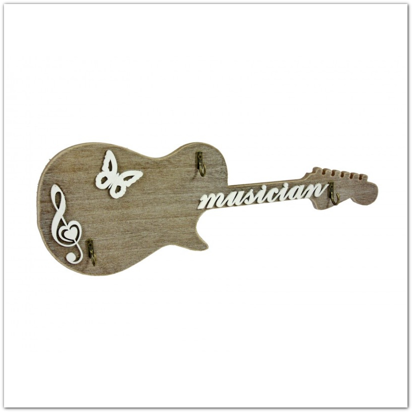 Gitár alakú kulcstartó, fali akasztó - Fa fali kulcstartó (zenés ajándék)