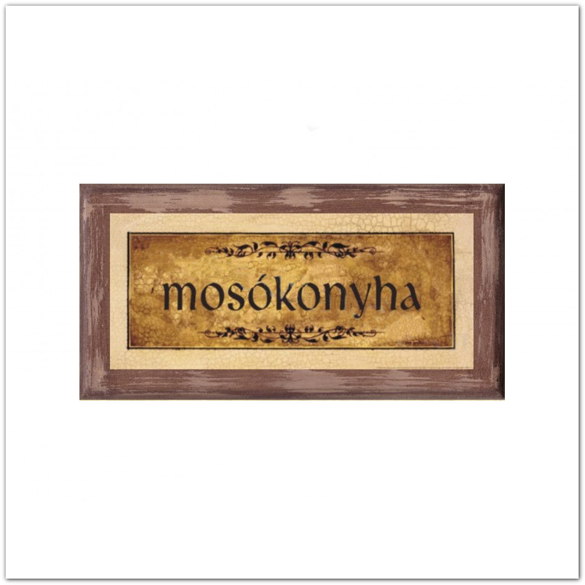 Fa ajtótábla táblakép Mosókonyha felirattal, virág mintával, csokoládészínű