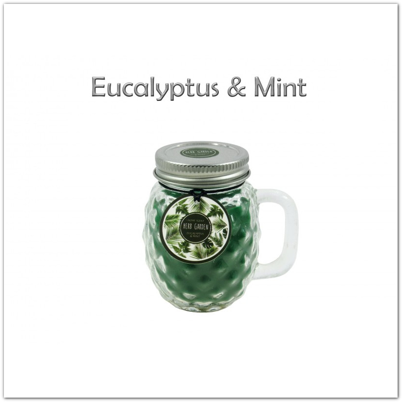 Eukaliptusz és menta illatú illatgyertya üvegbögrében fémtetővel, 8,5cm