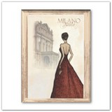 Milánói Scala - elegáns velencei nő antikolt táblaképen, 15x20cm