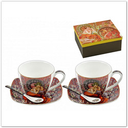 Porcelán teás csésze, alj,-és kiskanál szett díszdobozban Mucha festményével