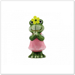 Zöld béka lány figura virággal, 13,5cm-es kerámia békás szobor