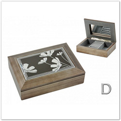 Fa ékszertartó doboz, gyűrűtartóval és tükörrel, virágos mintával, világos