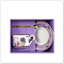 3db-os levendulás teás csésze készlet, alátéttel, kiskanállal, csészével - madárházzal