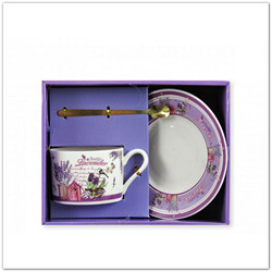 3db-os levendulás teás csésze készlet, alátéttel, kiskanállal, csészével - madaras