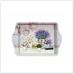 Fém virágos kisméretű tálca - 21x14 cm - levendulacsokorral