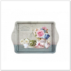 Fém virágos kisméretű tálca - 21x14 cm - rózsával, hortenziával