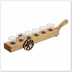 Kerekes pálinkás kínáló üvegpohár szett fa tartóban