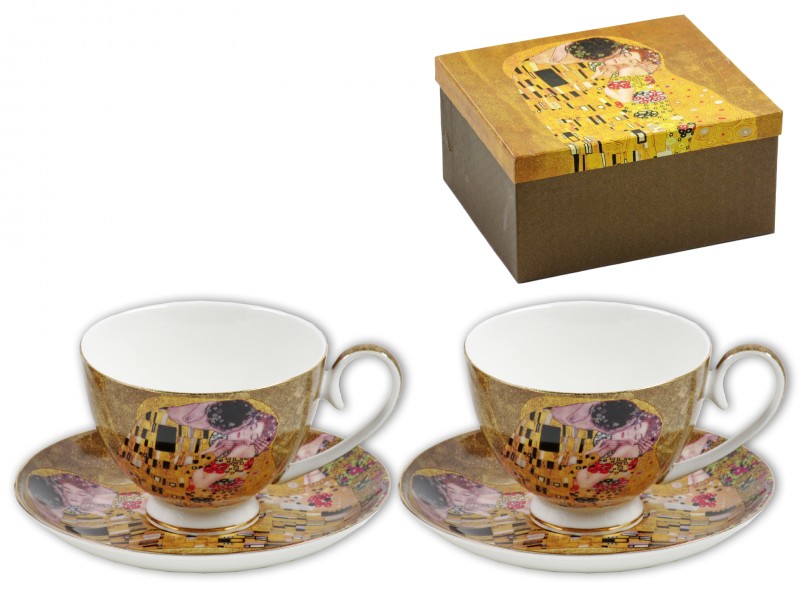 Klimt teás csésze szett, A csók díszdobozban, festményes ajándékötlet, 2+2db-os - 250ml