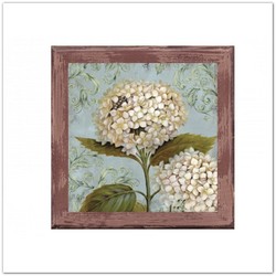 Hortenzia virágos vintage fa táblakép, falikép antikolt kerettel, 20x20cm
