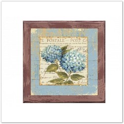 Hortenziás virágos vintage fa táblakép, falikép antikolt kerettel, 20x20cm