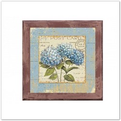 Hortenzia Post Card virágos vintage fa táblakép, falikép antikolt kerettel