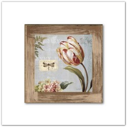 Tulipán és szitakötő vintage fa táblakép antikolt kerettel, 20x20cm