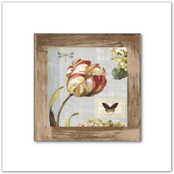 Tulipán és pillangó vintage fa táblakép antikolt kerettel, 20x20cm