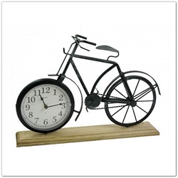 Nagyméretű vintage stílusú, kerékpár formájú fém bicikli-óra fa talapzaton, 42cm