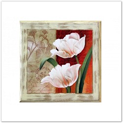 Tulipános vintage fa táblakép, falikép antikolt kerettel, 20x20cm