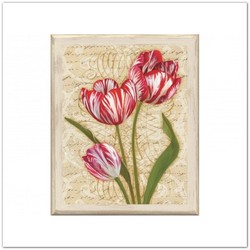 Tulipáncsokor fa táblakép antikolt kerettel, tulipános falikép, Méret: 20x25cm