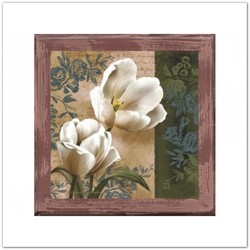 Tulipános-virágos vintázs fa táblakép, falikép antikolt kerettel, 20x20cm