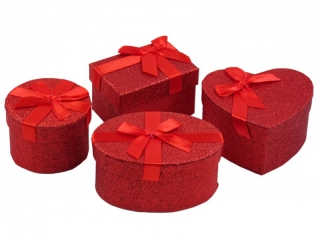Piros színű glitteres díszdoboz-szett, ajándékdoboz-szett, 4db-os, masnis