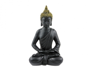 Ülő buddha szobor, fekete-arany, 30cm